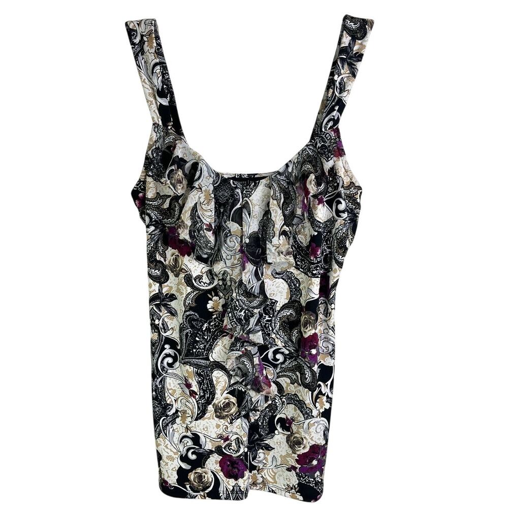 White House Black Market Tank Top Wmns Sz XS‎ White Purple Paisley Ruffle Boho